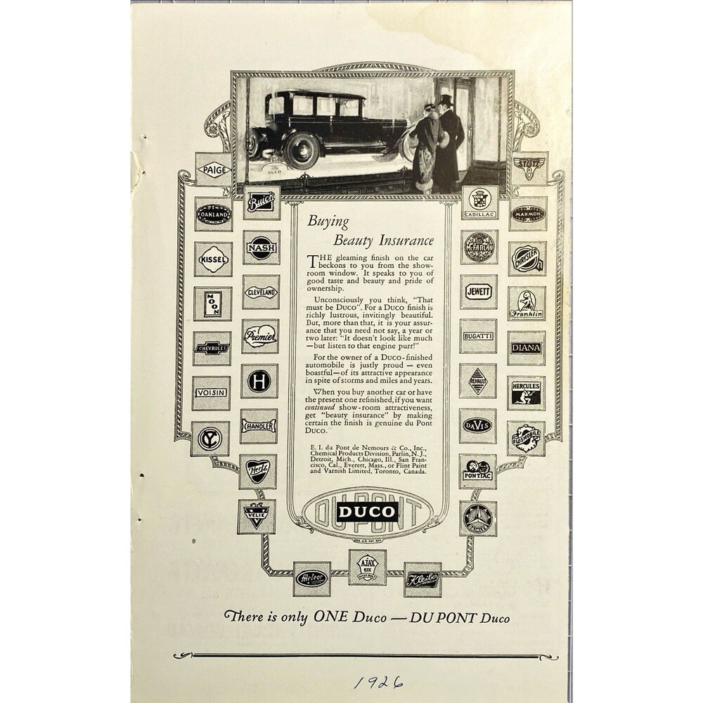 Dupont Duco Finish "There is Only ONE DUCO Finnish-Dupont" Vintage Print Ad 1926